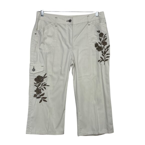 Christopher & Banks Capris Pants Womens Size 12 Beige Brown Floral Embroidery - Picture 1 of 13